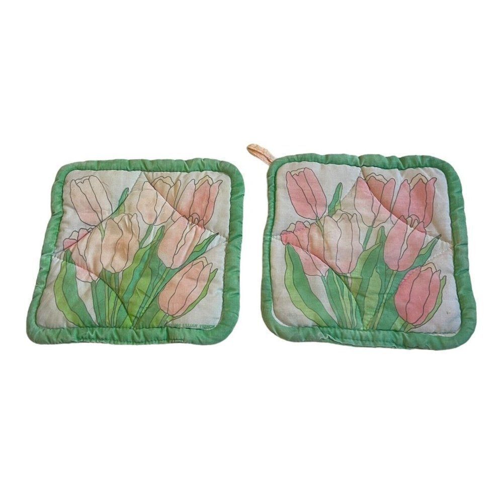Spring Tulips Easter Vintage Set of 2 Green and Pink Potholders 7” Cottage Core